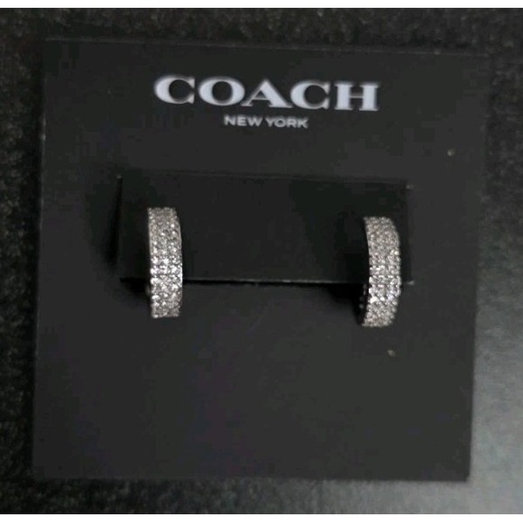 NEW COACH Pavé Huggie Earrings Dangle Hoop Silver Rhinestone - Picture 2 of 4